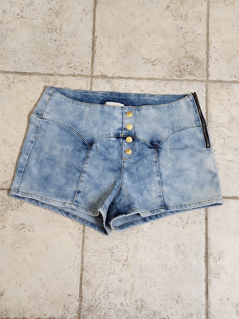 Nicki Minaj Light Blue High-Rise Denim Shorties with Gold Buttons